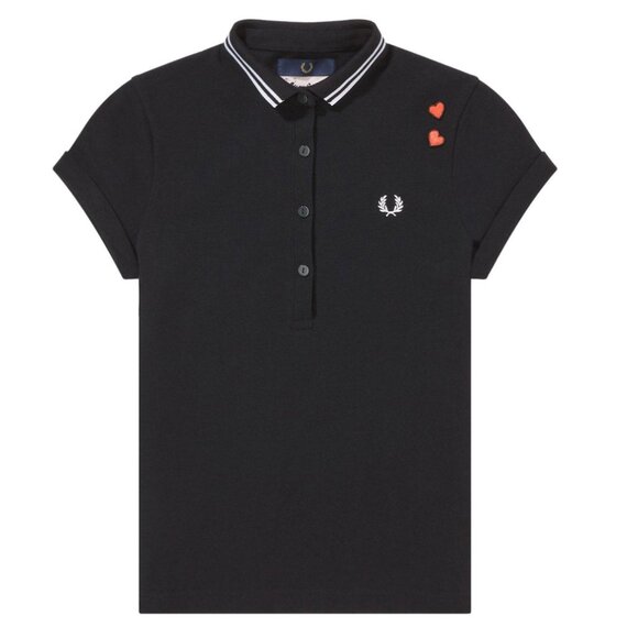 FRED PERRY Amy Winehouse Tipped Polo Top Black 8 Cotton Shirt - Picture 3 of 9